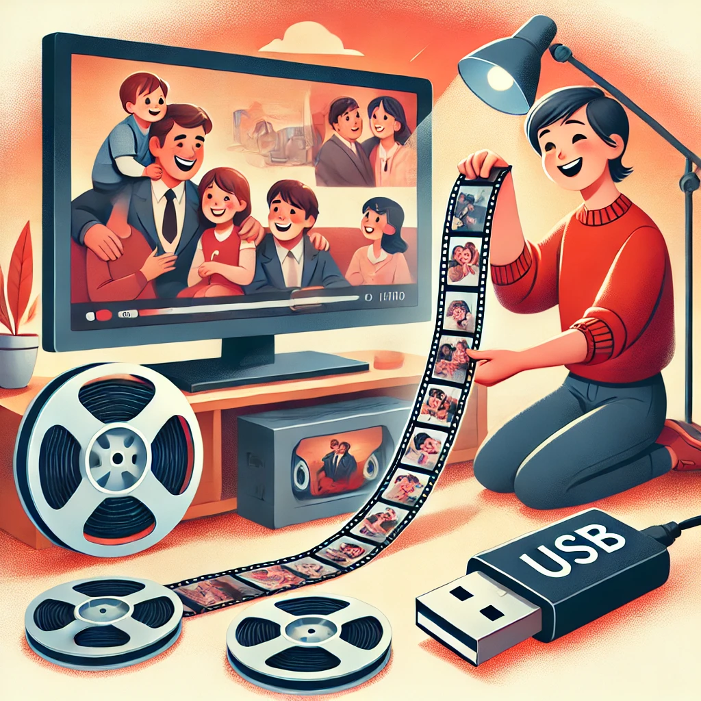 Illustration av en person som konverterar Super 8-filmer till USB. En modern TV visar den konverterade videon från en USB-sticka medan en familj i bakgrunden njuter av att titta på gamla minnen tillsammans.