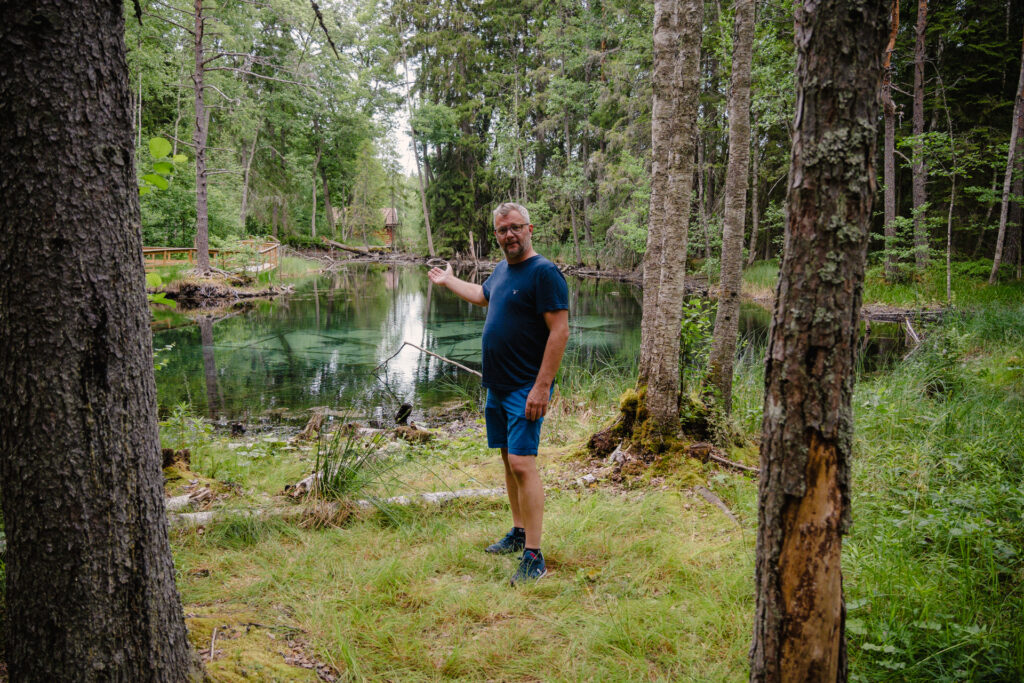 Jag pekar mot den natursköna omgivningen vid Ingbokällorna, med klara källor och frodig skog i bakgrunden.