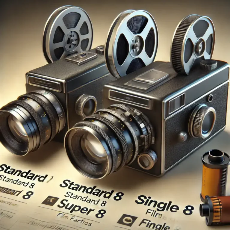 Illustration av Standard 8, Super 8 och Single 8 filmkameror sida vid sida, som visar deras unika egenskaper och design för jämförelse.