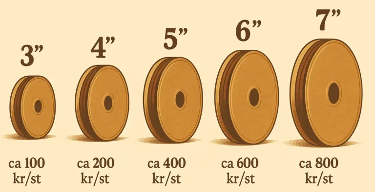 super8-filmrullar-prisguide-retrostil-rim-media - RIM Digital Illustration i retrostil som visar fem Super 8-rullar i olika storlekar – 3, 4, 5, 6 och 7 tum – med uppskattade priser från 100 till 800 kr per rulle. Bilden används av RIM Media för att förklara kostnaden för digitalisering av Super 8-film.