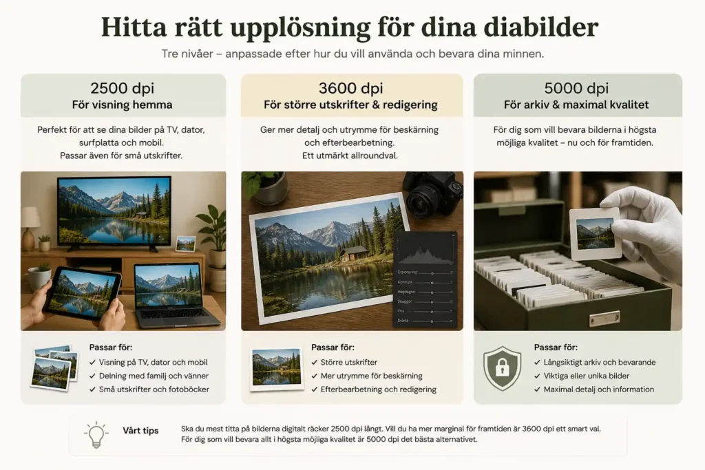 valj-ratt-upplosning-diabilder-2500-3600-5000-dpi - RIM Digital Guide som visar vilken upplösning som passar vid skanning av diabilder: 2500 dpi för vanlig visning, 3600 dpi för större utskrifter och redigering samt 5000 dpi för arkiv.